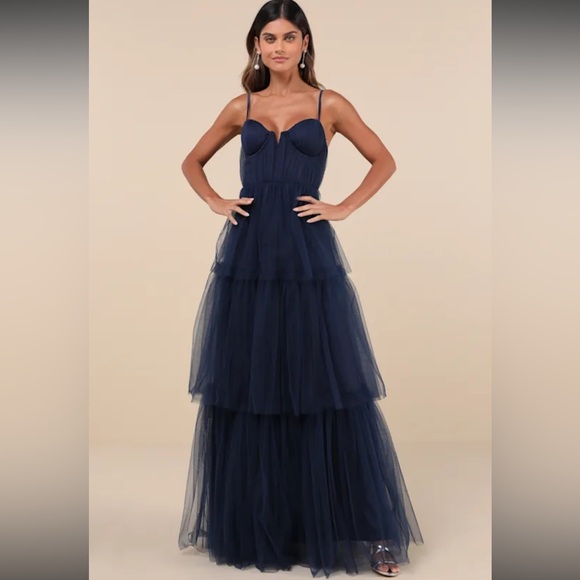 Lulus Navy Blue Unforgettable Poise Tulle Bustier Tiered Maxi Dress NWOT Size XS - Picture 1 of 16